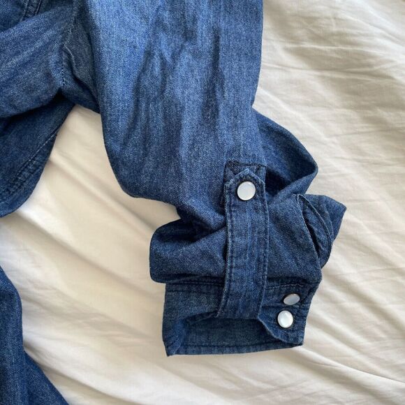 Ellos Western Denim Midi Dress Sz S/M Pearl Button Roll Tab Peasant Cottagecore - Picture 10 of 14